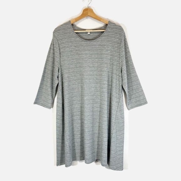 Garnet Hill T Shirt Dress Gray and White Stripe 3/4 Sleeves A Line Soft Size XL - Picture 1 of 8
